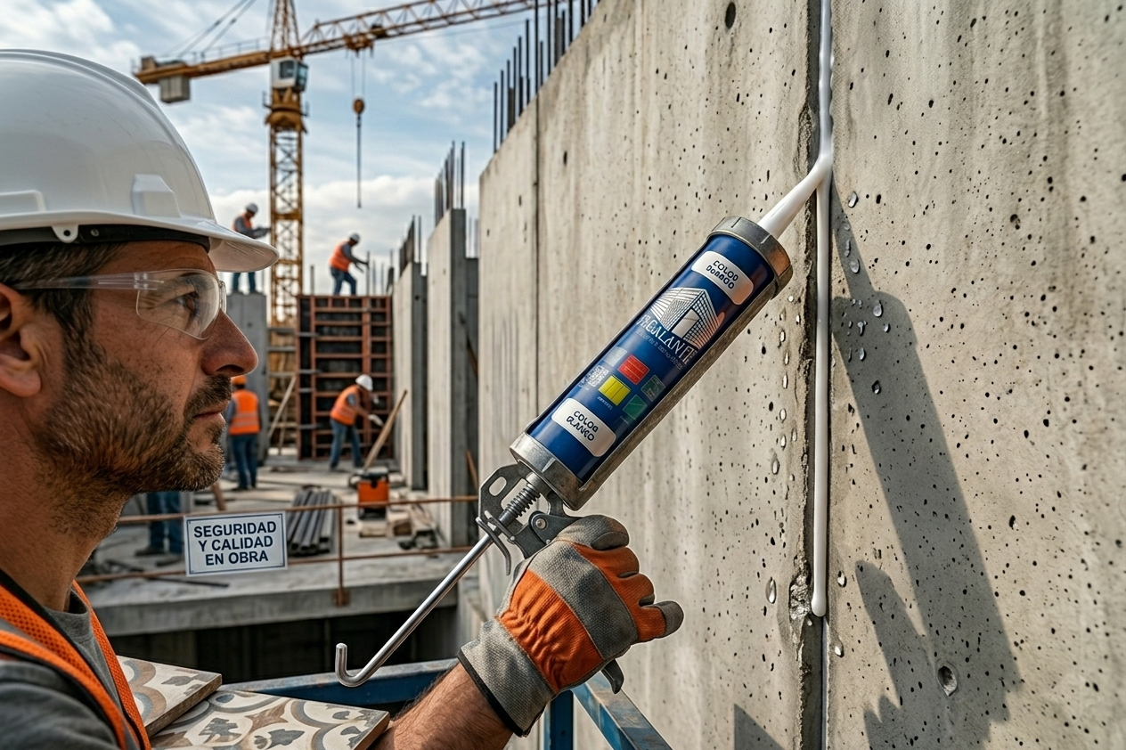 Obrero aplicando sellador en muro prefabricado